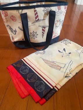 Old Navy Nautical Canvas Tote and Scarf Set in Navy, Red, Cream